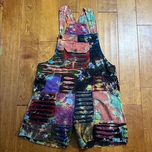 Artsy Patchwork Razor Cut Overalls Size M Boho Festival Indie Hippie Rainbow